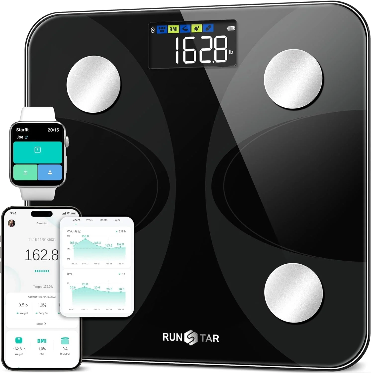 RunSTAR Digital Smart Scale: Accurate Body Weight and Fat Percentage Scale with 13 Body Composition Metrics, Large Display, and App Sync (FSA/HSA Eligible)