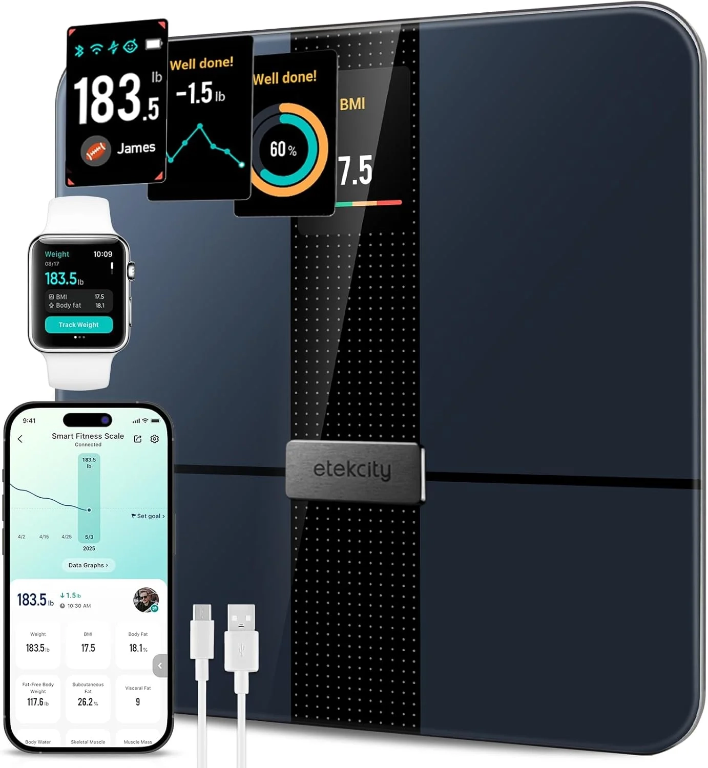 Etekcity Smart Scale for Body Weight and Fat Percentage, FSA HSA Eligible Digital Bathroom Scale with BMI Muscle Mass, Apple Health Compatible Home Fitness Equipment