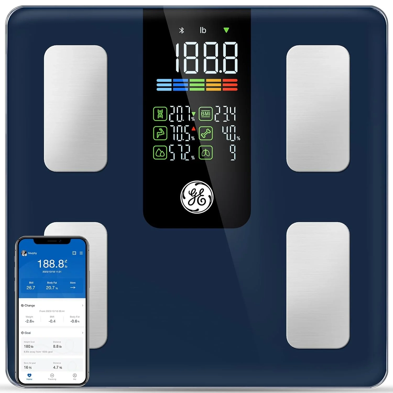 GE Smart Scale: Bluetooth Digital Bathroom Scale with App, Tracks Weight, BMI, Body Fat, Muscle Mass, 500lb Capacity, Large 11.8" Platform, Dark Blue