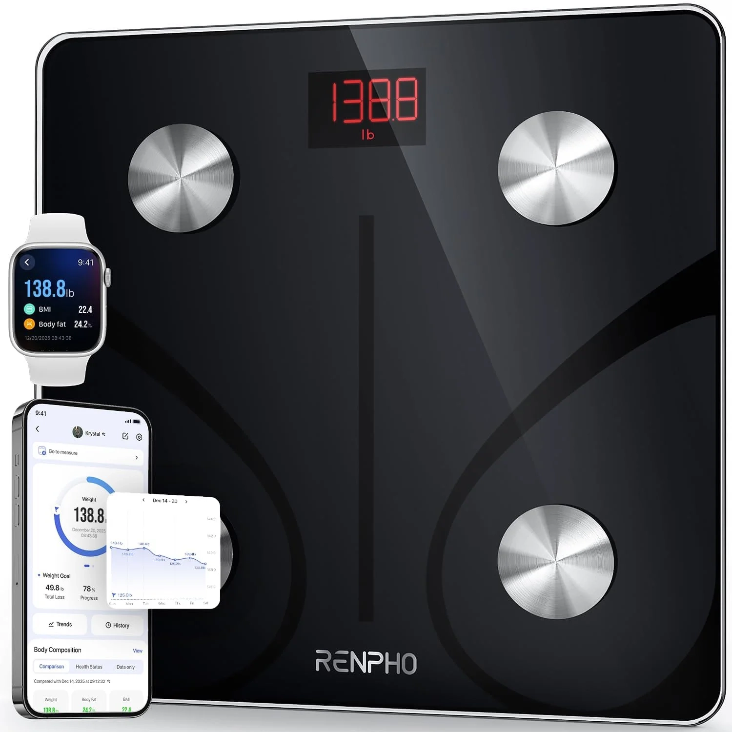 RENPHO Elis 1 Smart Scale: Bluetooth Body Fat Monitor & BMI Digital Bathroom Scale with App, FSA/HSA Eligible, 400 lb Capacity