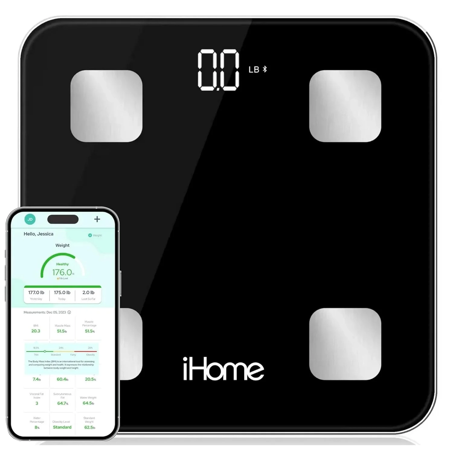 iHome Smart Bluetooth Scale for Body Weight with BMI, Body Fat, and Muscle Mass Tracking