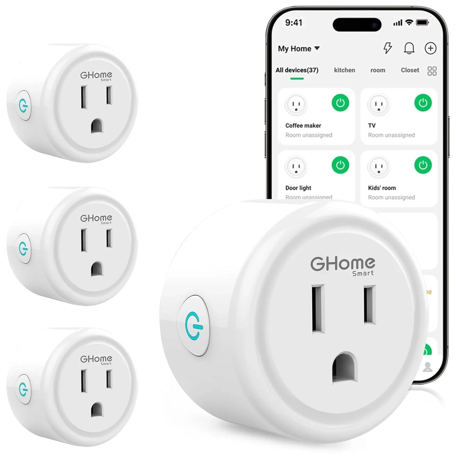 GHome Smart Plug 4 Pack, WiFi Smart Outlets Work with Alexa & Google Home, No Hub Required, App Remote Control & Timer, ETL Listed for Home Automation