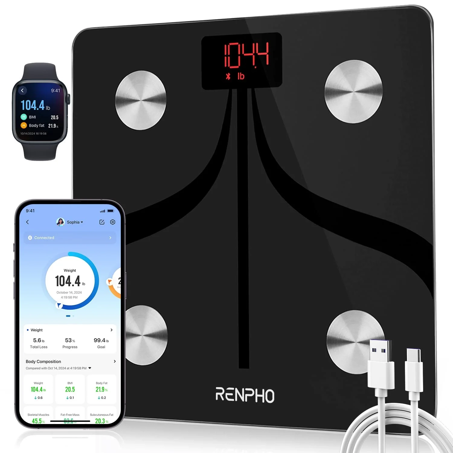 RENPHO Smart Scale with App Sync: Rechargeable Body Composition Monitor for Weight, BMI, and 13 Health Metrics, 400 lbs Capacity, Black