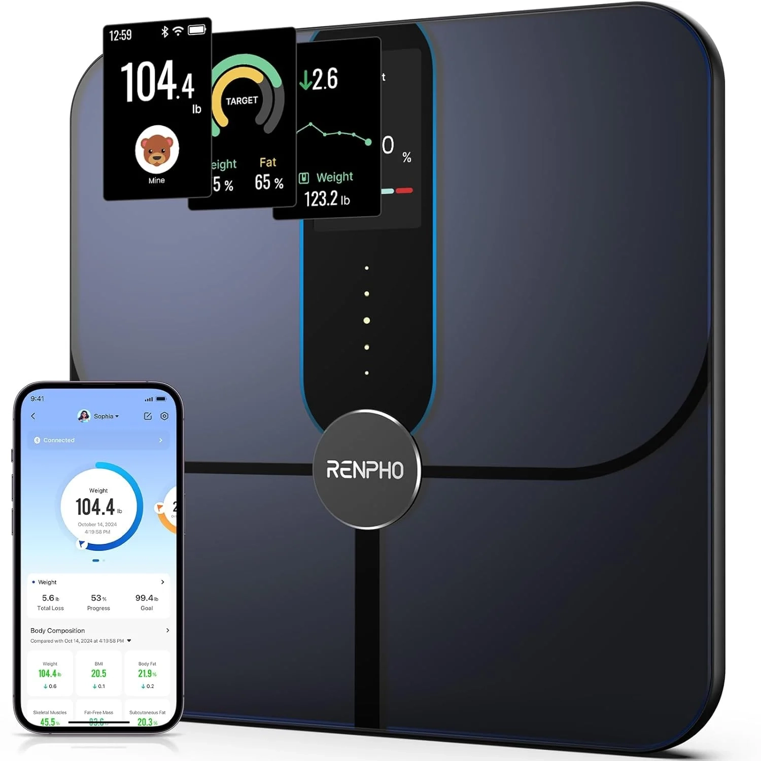 RENPHO Elis Nova Smart Scale for Body Weight and Fat, Rechargeable Digital Bathroom Scale with Color Display, Wi