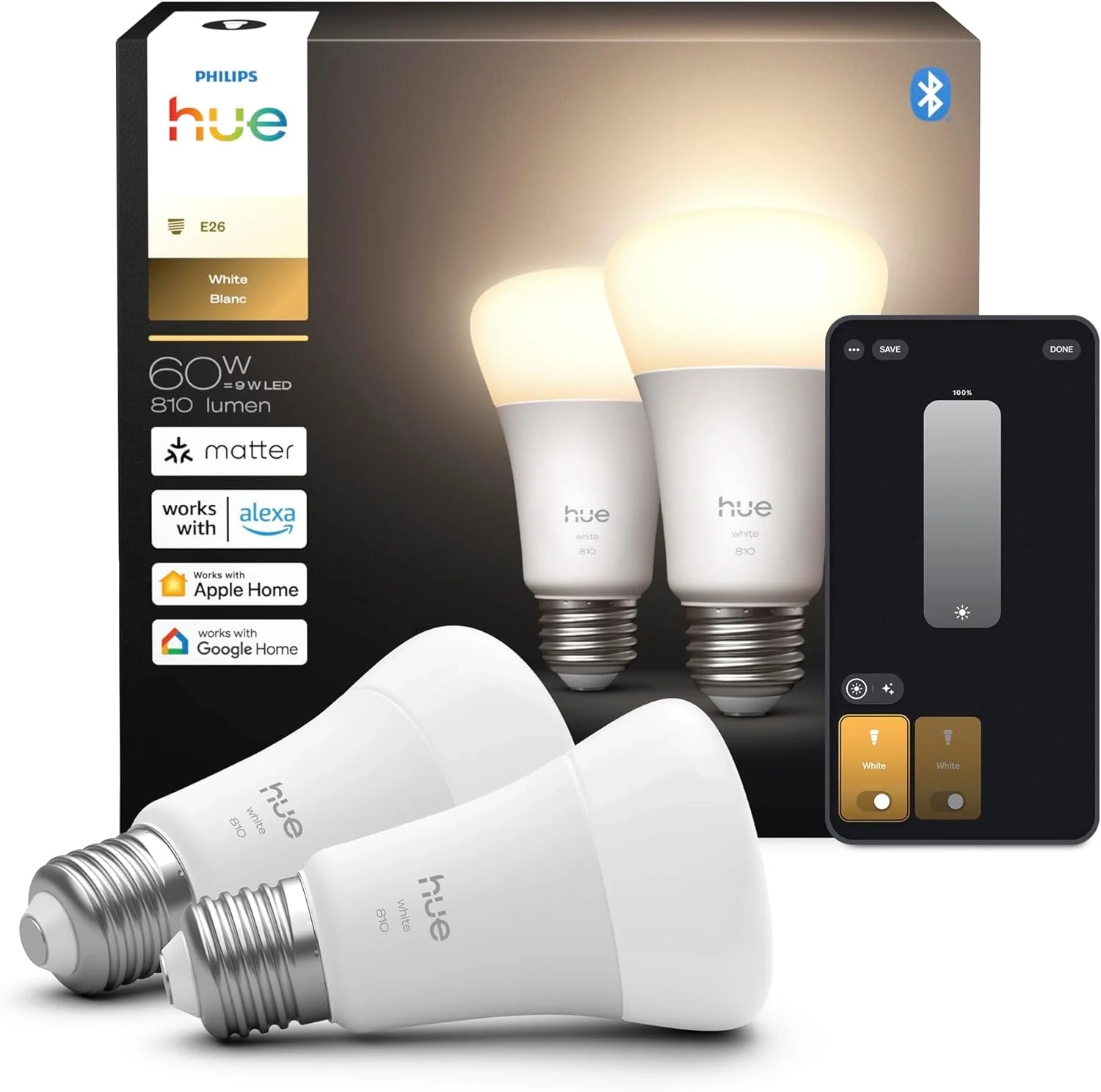 Philips Hue Smart LED Bulb 2 Pack, A19 E26 Dimmable 2700K Warm White Light, 10.5W 1100 Lumens, Works with Alexa, Google Assistant & Apple HomeKit
