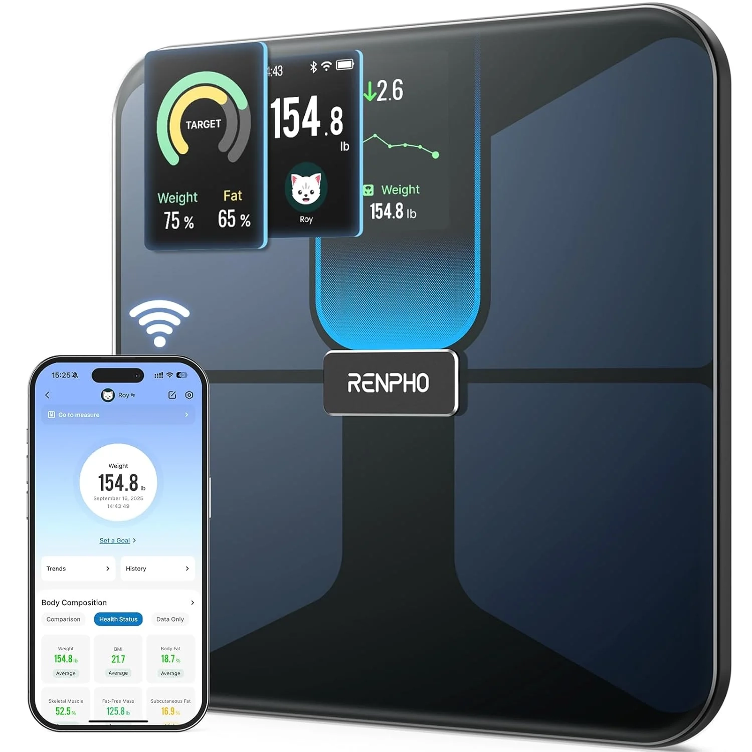 RENPHO Elis Evo Smart Scale: Rechargeable Body Composition Monitor with BMI, Body Fat, Muscle Mass, Wi