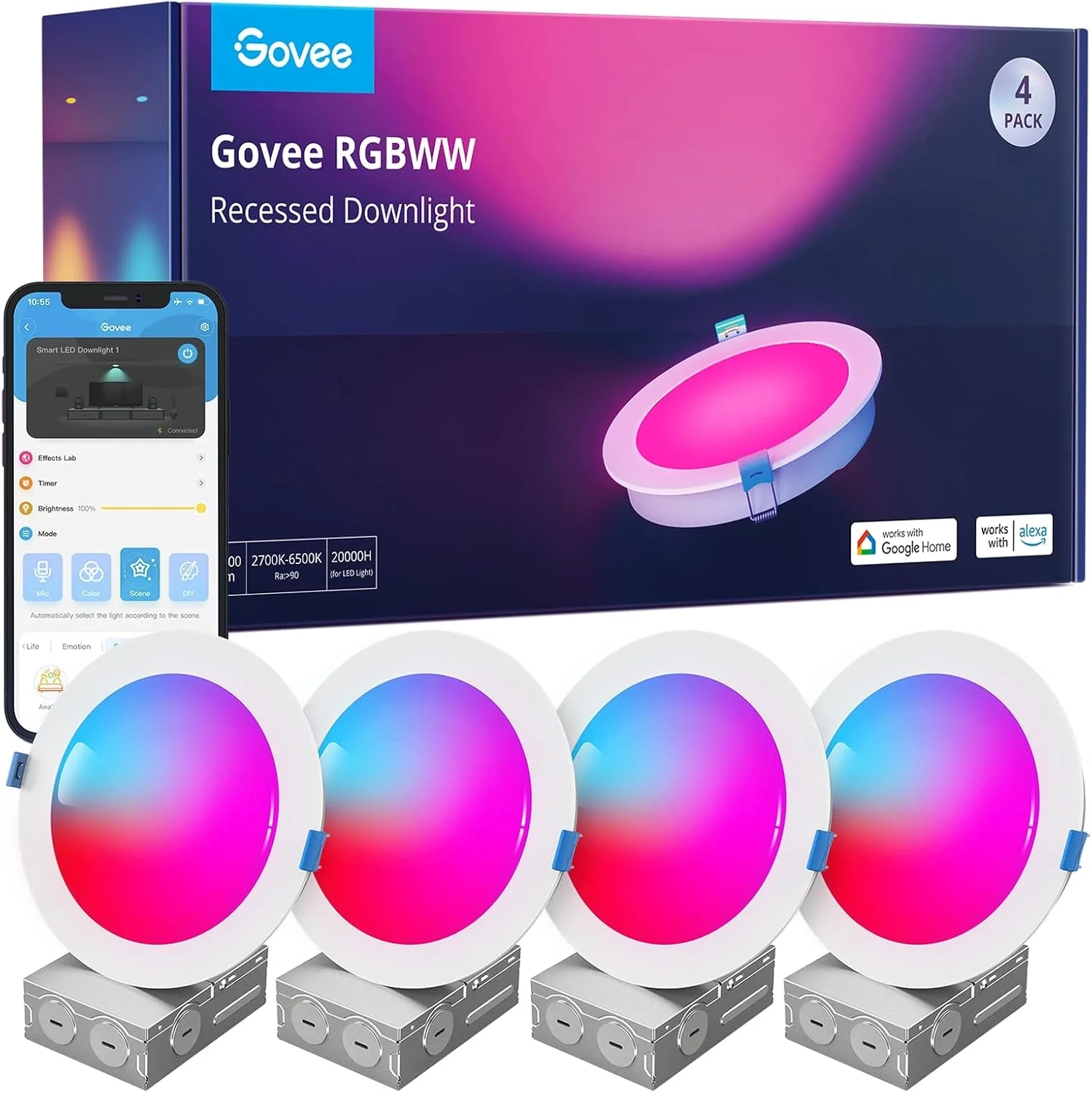 Govee 6 Inch Smart Recessed Lights 4 Pack, RGBWW Color Changing Downlights with Wi