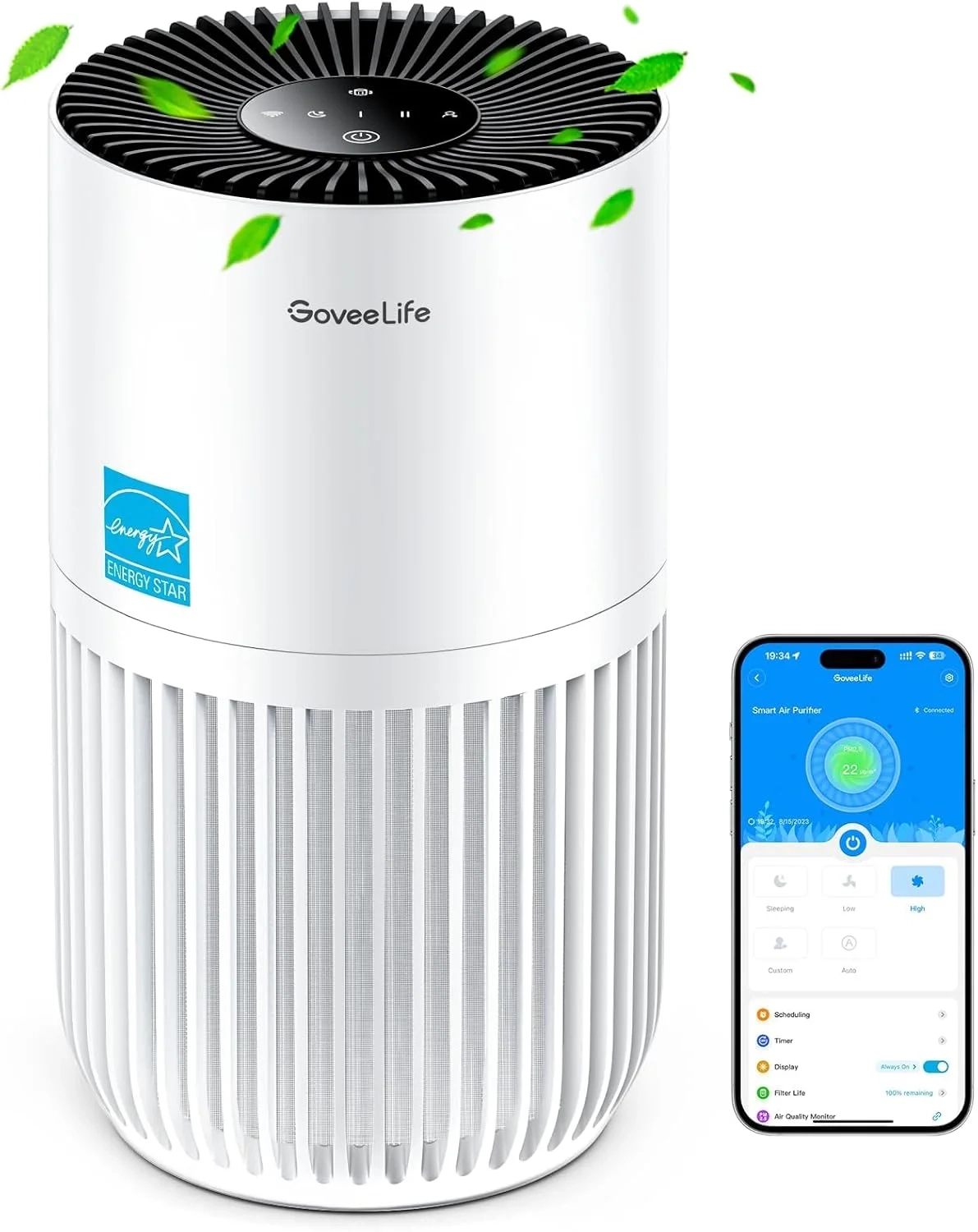 GoveeLife Smart Air Purifier for Bedroom and Home, HEPA Filter for Pet Hair, Odors, Pollen with Alexa App Control, Portable, 3 Speeds, Timer & Aroma Diffuser