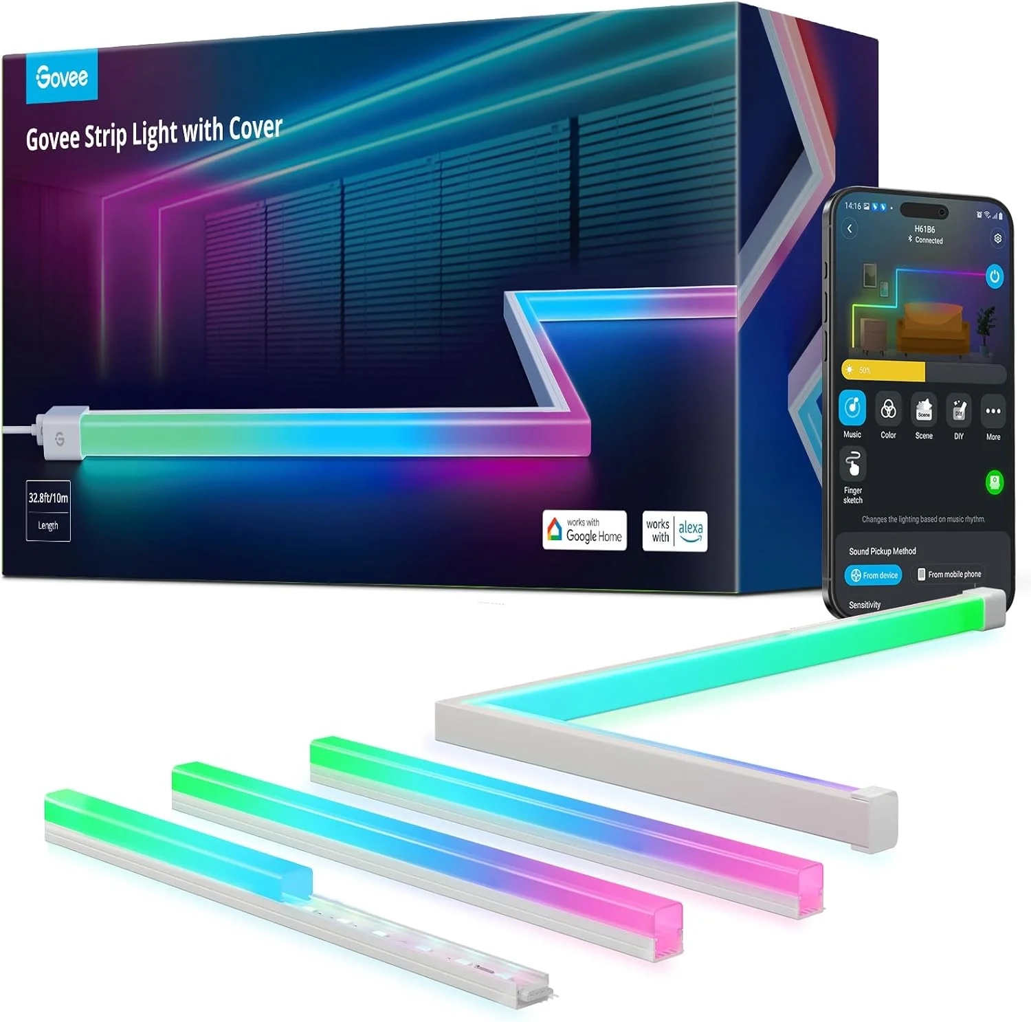 Govee RGBIC Smart LED Strip Lights 32.8ft with Diffuser Covers, Alexa & Google Assistant Compatible for Bedroom, Kitchen Cabinet, and Home Theater Lighting