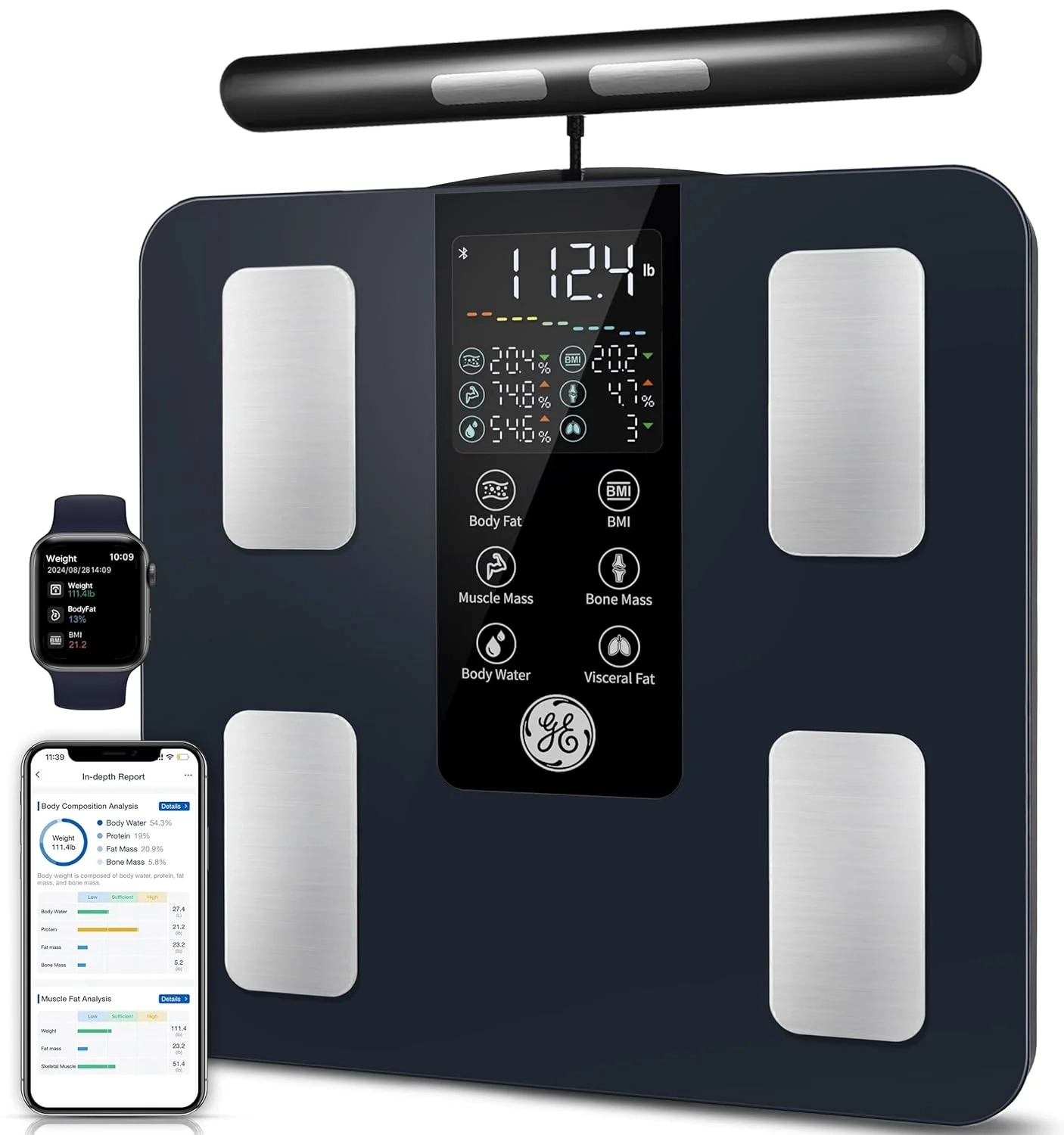 GE Smart Scale: 8-Electrode Body Composition Analyzer with Bluetooth for Weight, Fat, BMI, Muscle Mass