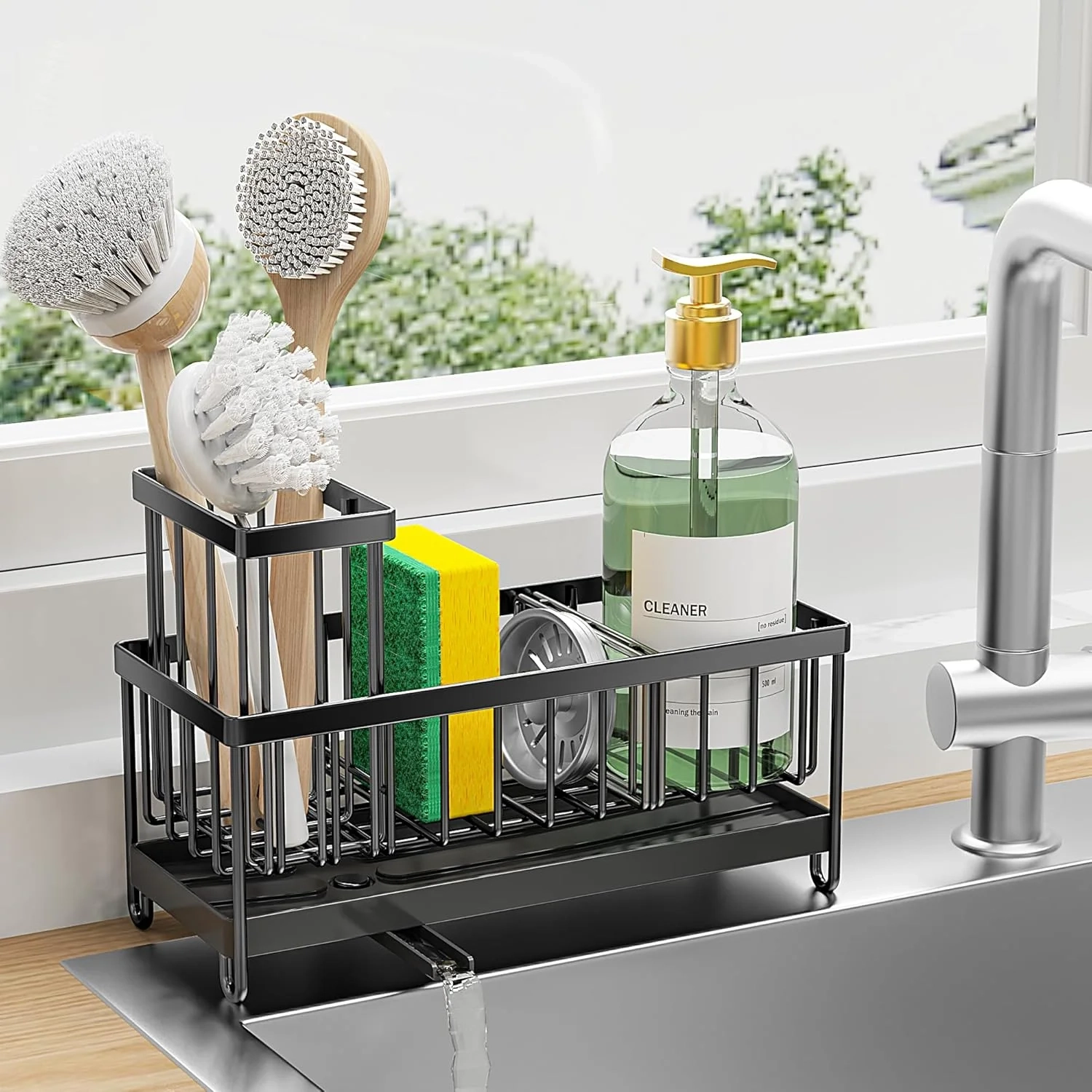 Stainless Steel Sink Caddy with Soap Dispenser & Brush Holder