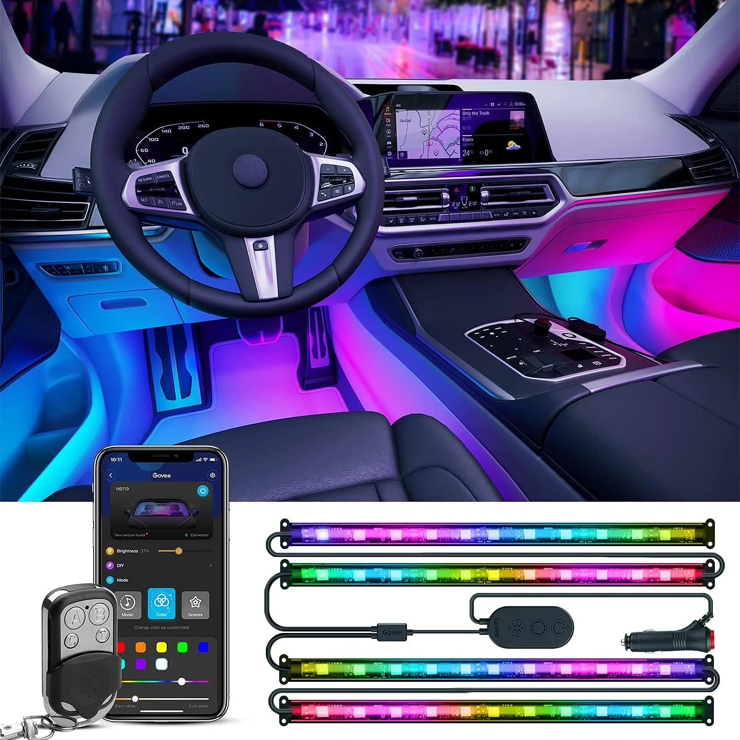 Govee RGBIC Interior Car Lights with App Control, 72 LED Smart LED Strip Lights for Car Decor with Remote, DIY Modes, and Multiple Scene Options