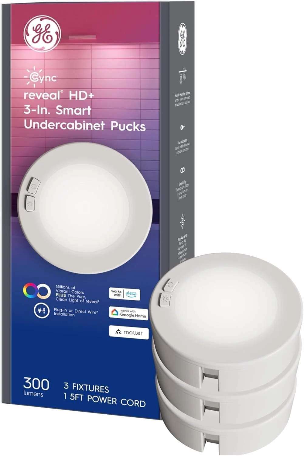 GE Cync Reveal HD+ Smart Undercabinet Puck Lights (3 Pack) - Color Changing Wi