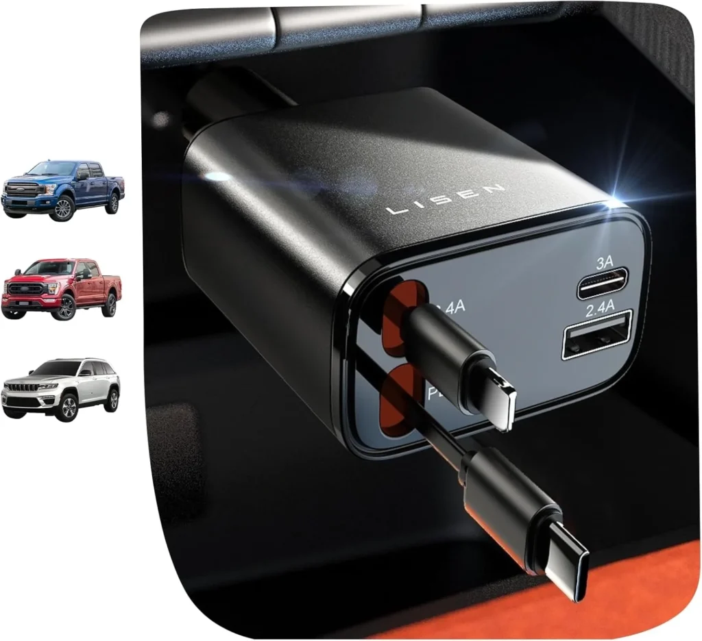 LISEN 69W 4-in-1 Retractable Car Charger with 31.5in Cable