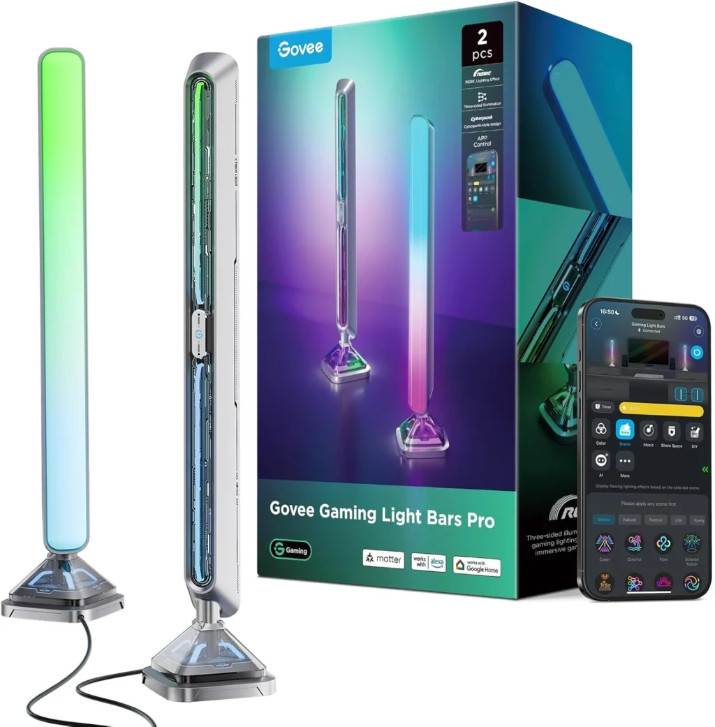 Govee Gaming Light Bars Pro: 16-Inch Triple-Sided RGBIC LED Lights with Music Sync, Wi