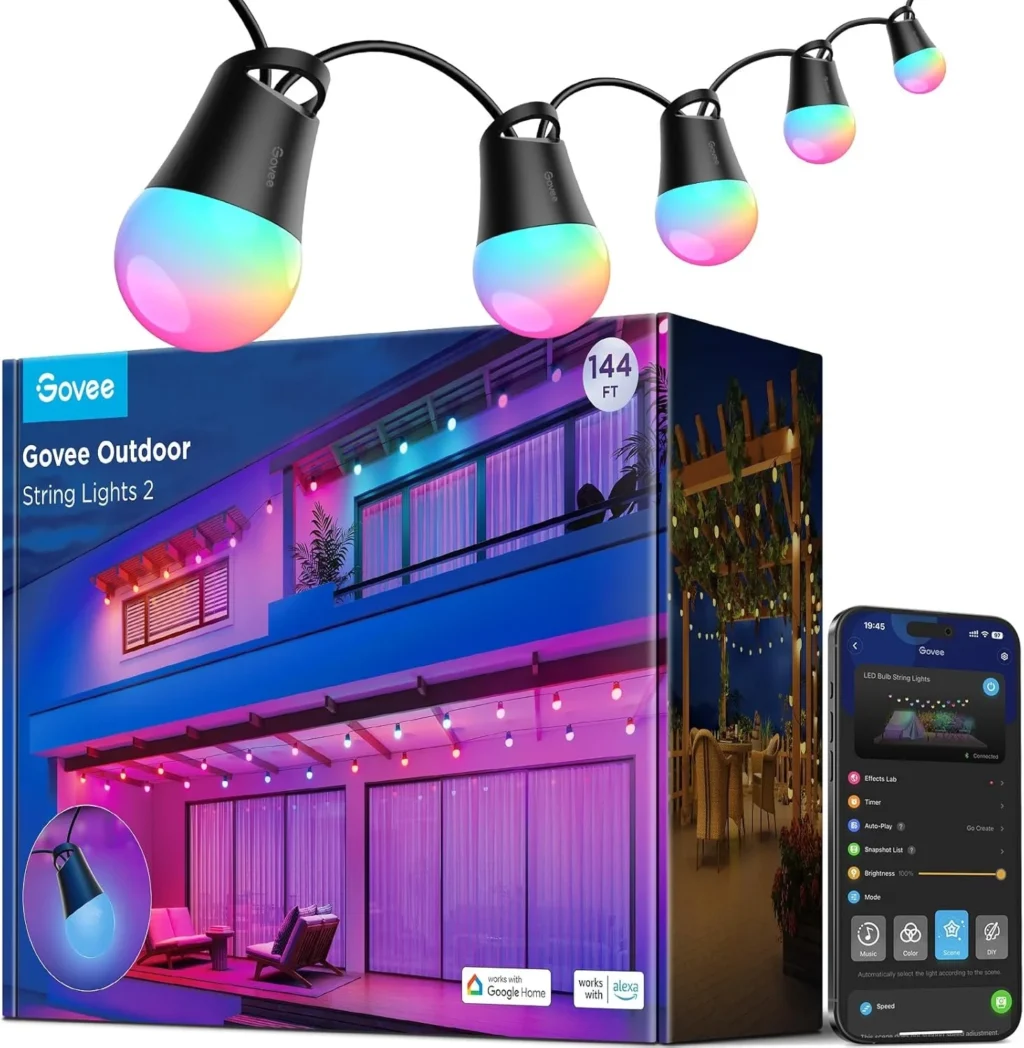 Govee 144ft Smart Outdoor String Lights with App & Alexa Control, Dimmable Warm White LED Bulbs, 47 Scene Modes, IP65 Waterproof for Patio, Backyard, and Balcony