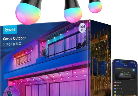 Govee 144ft Smart Outdoor String Lights with App & Alexa Control, Dimmable Warm White LED Bulbs, 47 Scene Modes, IP65 Waterproof for Patio, Backyard, and Balcony