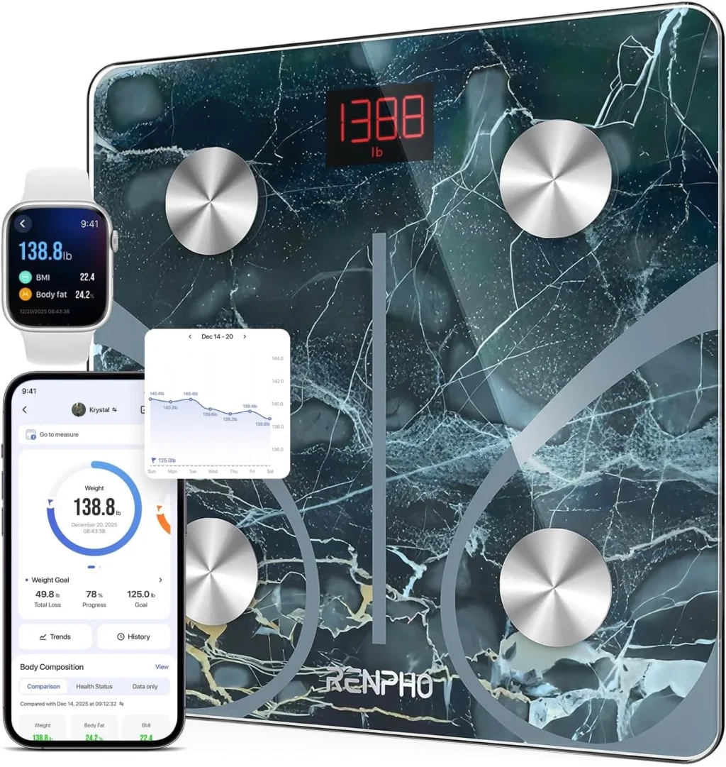 Smart bathroom scale with Bluetooth that measures body fat and BMI for health tracking