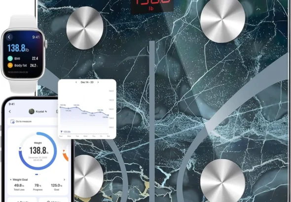 Smart bathroom scale with Bluetooth that measures body fat and BMI for health tracking