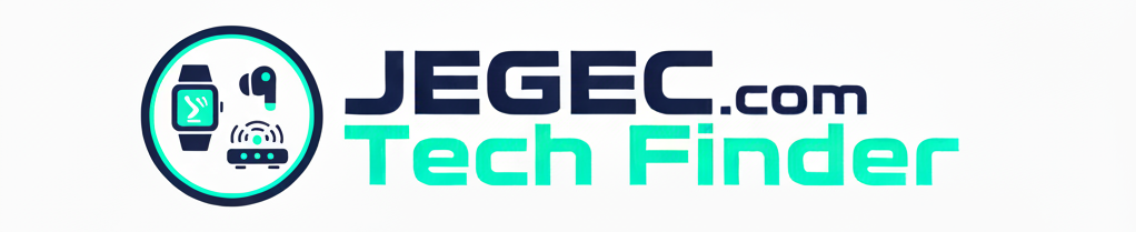 Modern horizontal logo for Jegec.com Tech Finder featuring a circular icon containing a smartwatch, earbuds, and a router, with "JEGEC.com" in navy and "Tech Finder" in vibrant cyan.