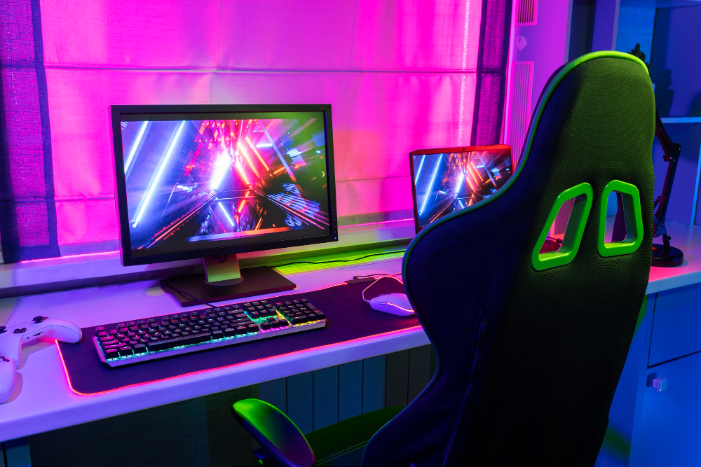 Ergonomic gaming office chair at a programmer desk setup with RGB lighting and dual monitors