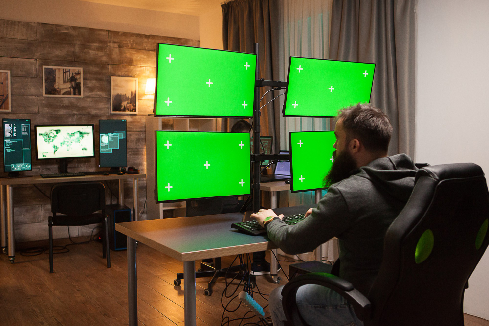 Man working at a desk with multiple monitors mounted on adjustable arms, displaying green screens.