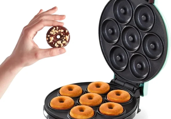 Dash Express Mini Donut Maker - Homemade Dessert Maker - Features Double-Sided, Non-Stick Surface & Space-Saving Design - Makes 7 - Aqua