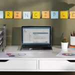 Minimalist desk workspace with laptop, desk organizer trays, lamp, cactus, and colorful sticky notes on the wall spelling “PRINCIPLES.”