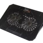Black laptop cooling pad with dual fans and a mesh top.