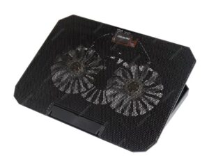 Black laptop cooling pad with dual fans and a mesh top.