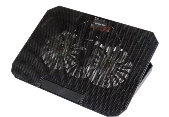 Black laptop cooling pad with dual fans and a mesh top.