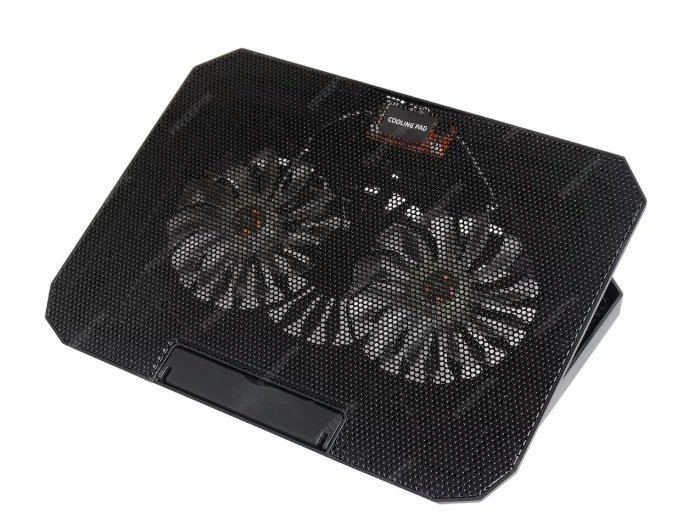 Black laptop cooling pad with dual fans and a mesh top.