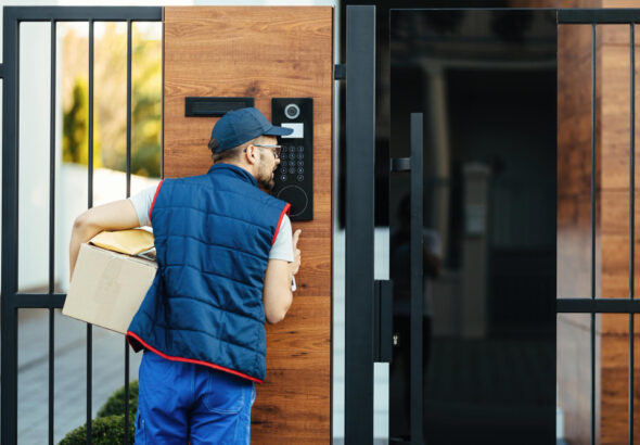 Delivery worker holding a package and using a smart lock keypad at a modern front door.
