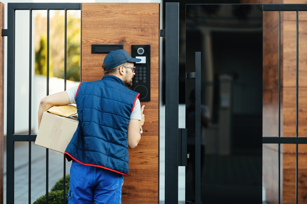 Delivery worker holding a package and using a smart lock keypad at a modern front door.