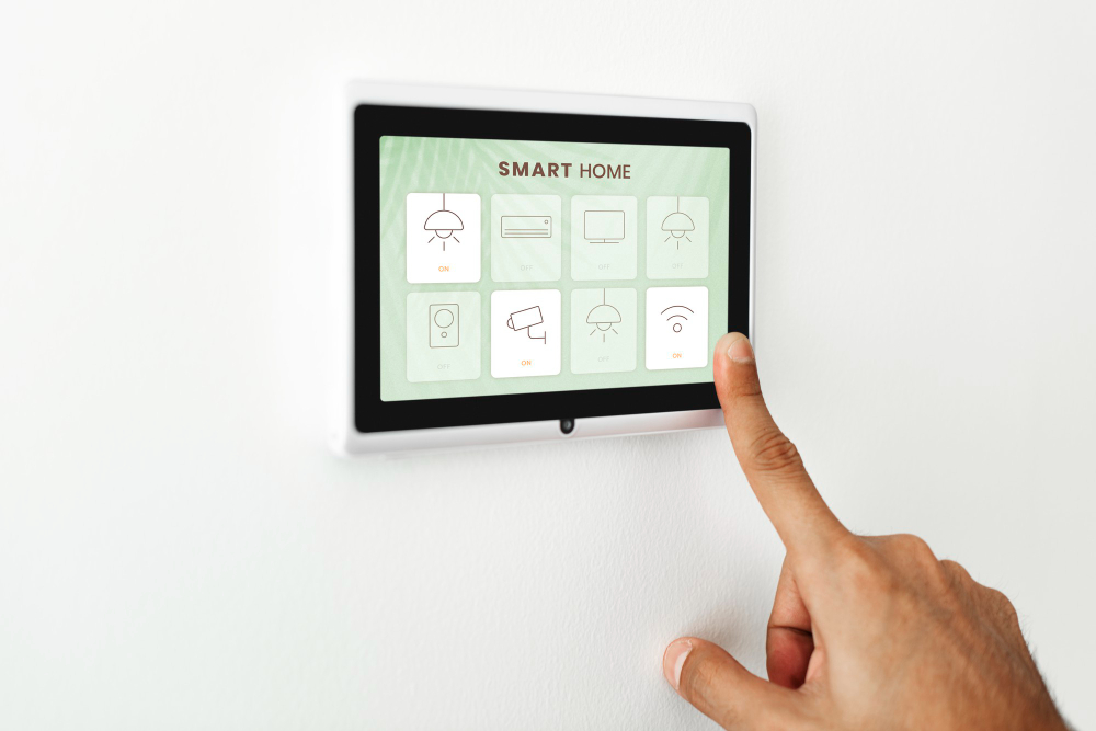 Person using a wall-mounted smart home touchscreen display to control lights, security, and connected home devices.