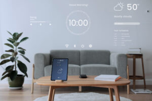Modern smart home living room with a wall-projected digital dashboard showing weather, schedule, music controls, and clock, alongside a smart sensor tablet on a coffee table.