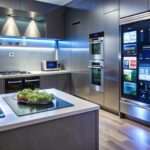 Modern smart kitchen with sleek gray cabinetry, blue accent lighting, an island with fresh produce, and a large touchscreen refrigerator display.