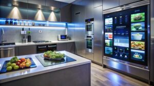 Modern smart kitchen with sleek gray cabinetry, blue accent lighting, an island with fresh produce, and a large touchscreen refrigerator display.