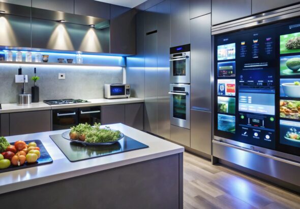 Modern smart kitchen with sleek gray cabinetry, blue accent lighting, an island with fresh produce, and a large touchscreen refrigerator display.
