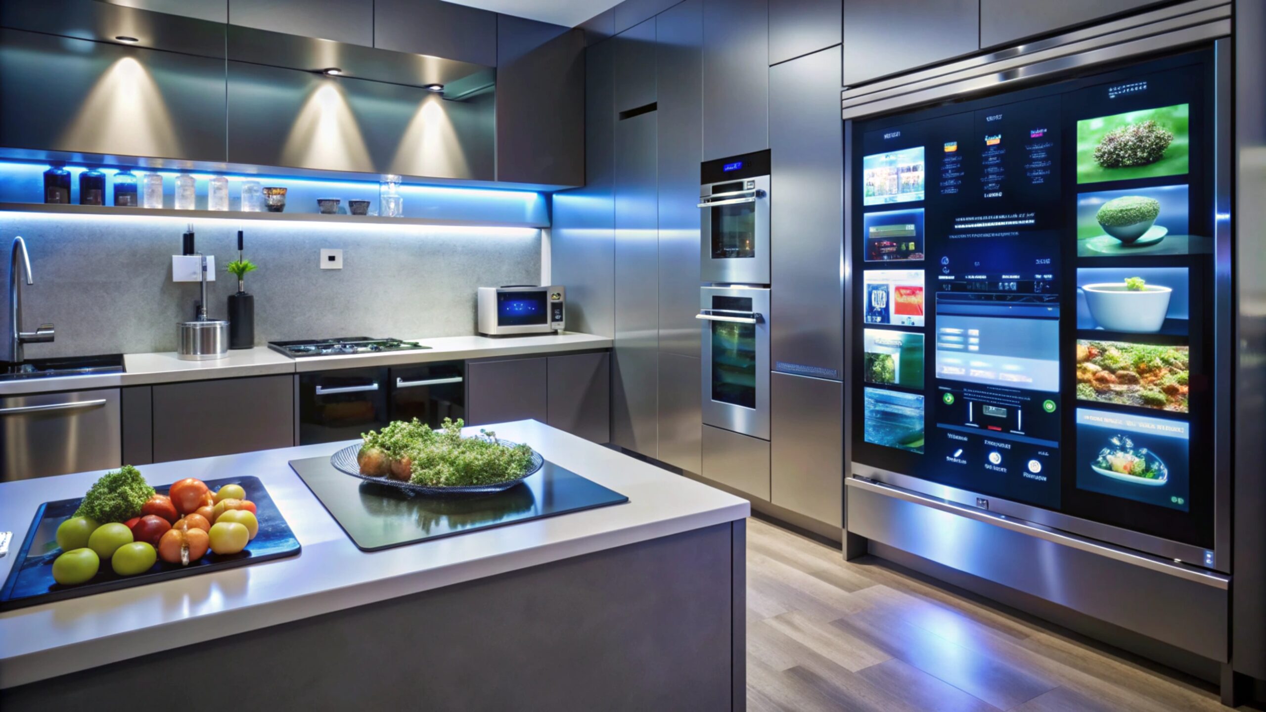 Modern smart kitchen with sleek gray cabinetry, blue accent lighting, an island with fresh produce, and a large touchscreen refrigerator display.